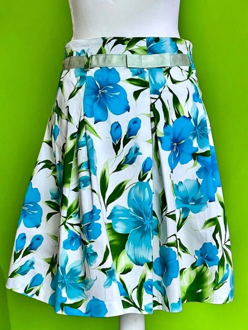 dressbarn Floral A-Line Skirt in Blue & White Size 4 Like New